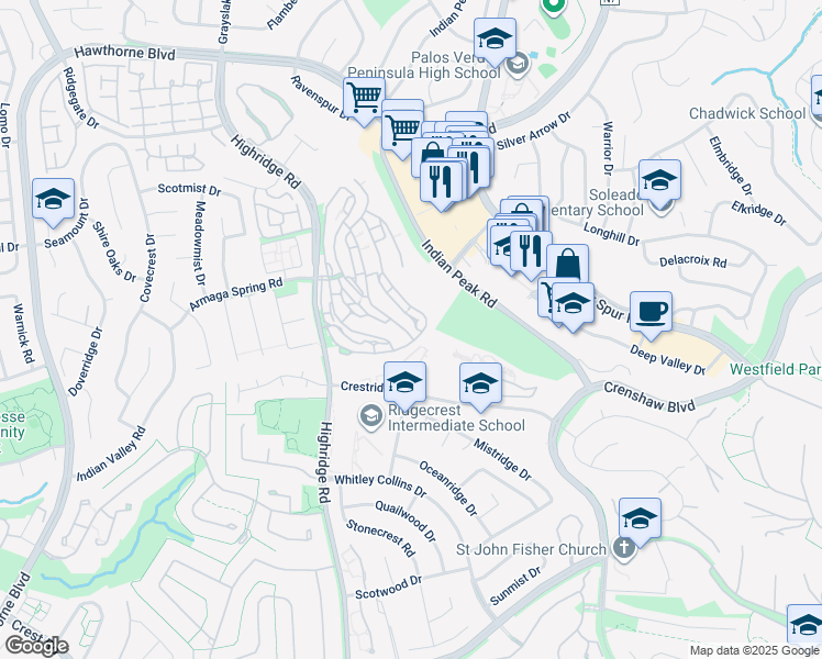 map of restaurants, bars, coffee shops, grocery stores, and more near 5801 Crestridge Road in Rancho Palos Verdes