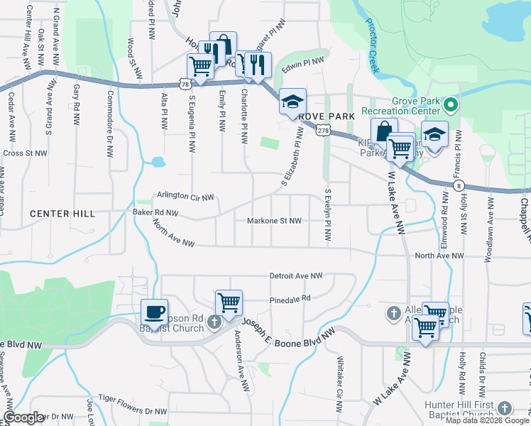 map of restaurants, bars, coffee shops, grocery stores, and more near 1924 Markone Street Northwest in Atlanta