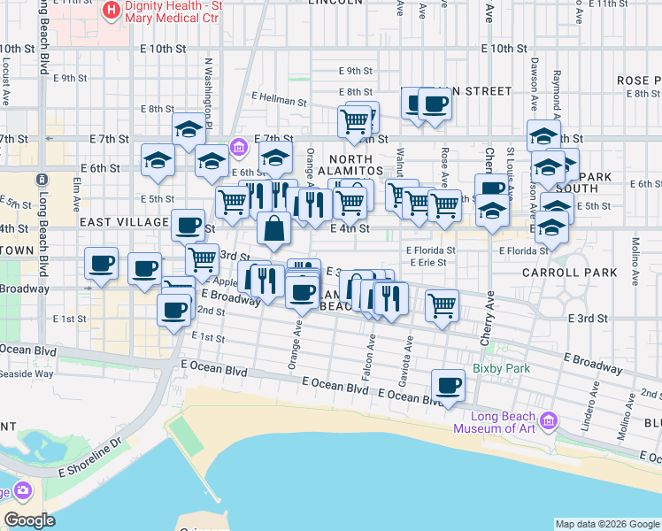 map of restaurants, bars, coffee shops, grocery stores, and more near 1249 East 3rd Street in Long Beach