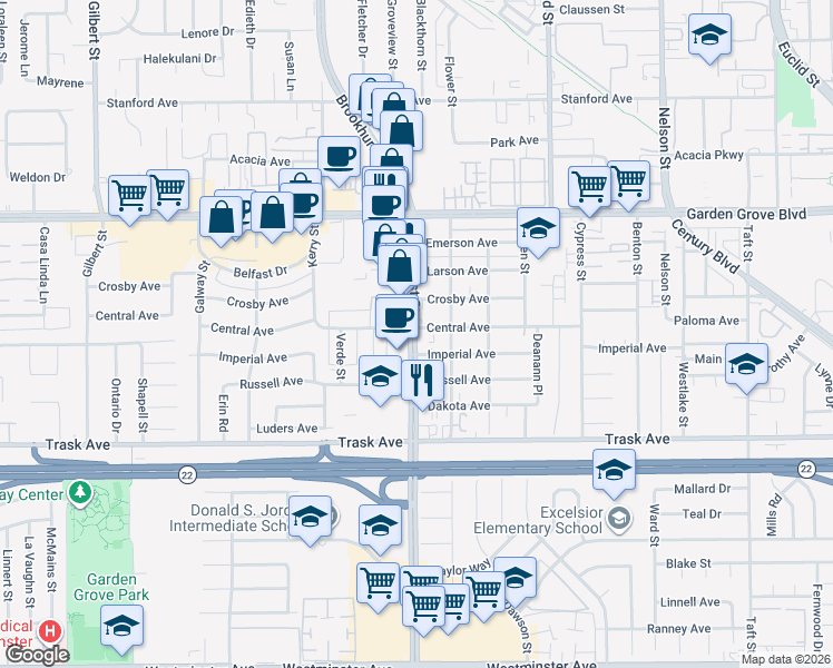 map of restaurants, bars, coffee shops, grocery stores, and more near 13301 Brookhurst Street in Garden Grove