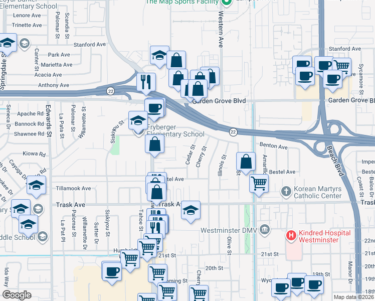 map of restaurants, bars, coffee shops, grocery stores, and more near 13221 Cedar Street in Westminster