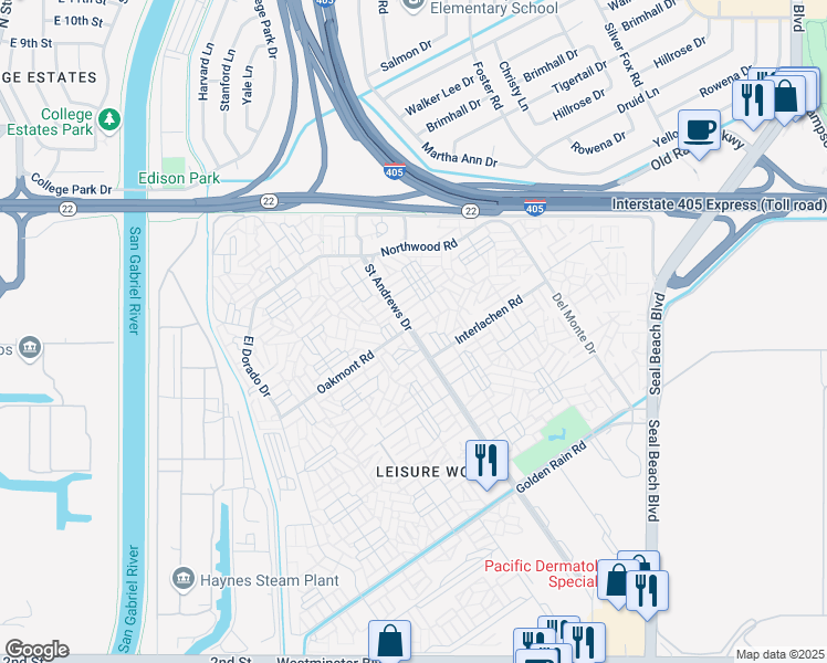 map of restaurants, bars, coffee shops, grocery stores, and more near 13341 Saint Andrews Drive in Seal Beach