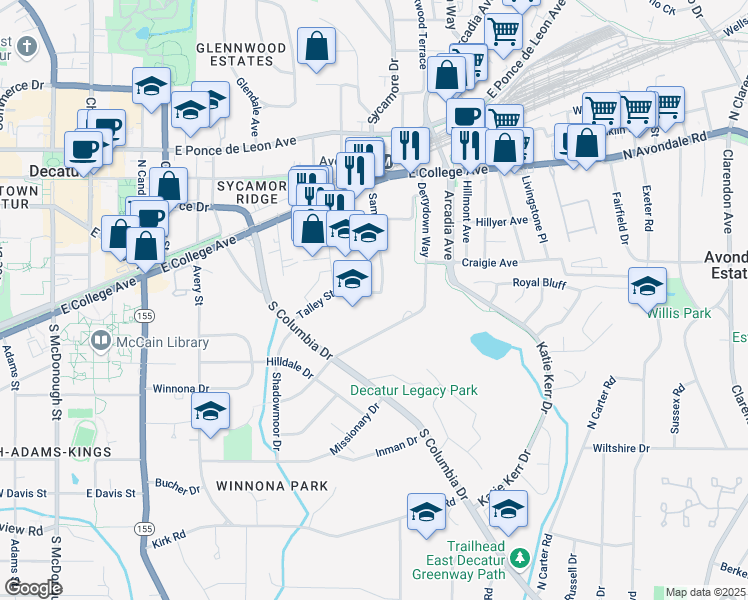map of restaurants, bars, coffee shops, grocery stores, and more near 2635 Talley Street in Decatur