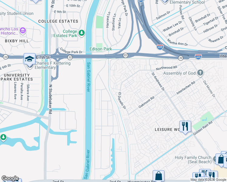 map of restaurants, bars, coffee shops, grocery stores, and more near 13301 El Dorado Drive in Seal Beach