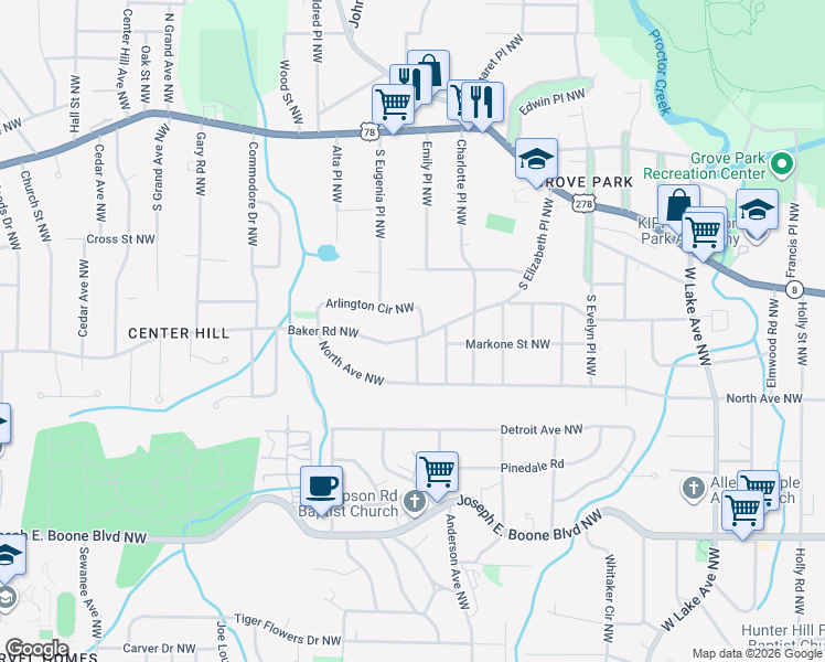 map of restaurants, bars, coffee shops, grocery stores, and more near 2009 Baker Road Northwest in Atlanta
