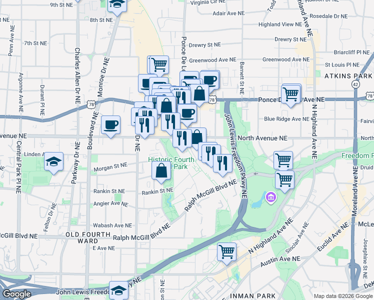 map of restaurants, bars, coffee shops, grocery stores, and more near Beltline Rail Trail in Atlanta