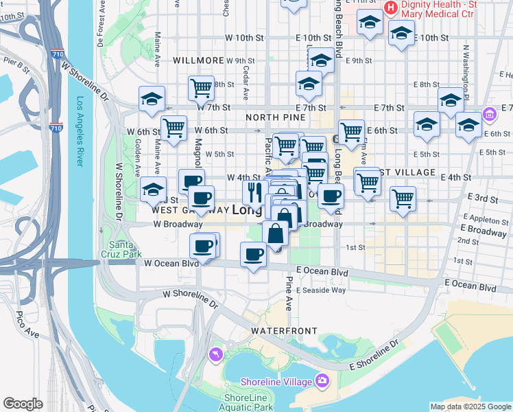 map of restaurants, bars, coffee shops, grocery stores, and more near in Long Beach