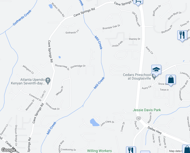 map of restaurants, bars, coffee shops, grocery stores, and more near 7614 Stonebush Way in Douglasville