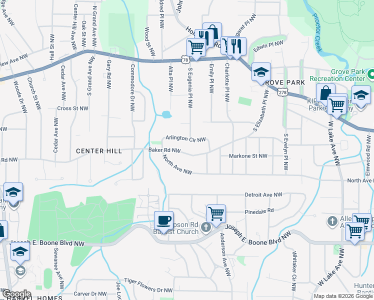 map of restaurants, bars, coffee shops, grocery stores, and more near 2044 Baker Road Northwest in Atlanta