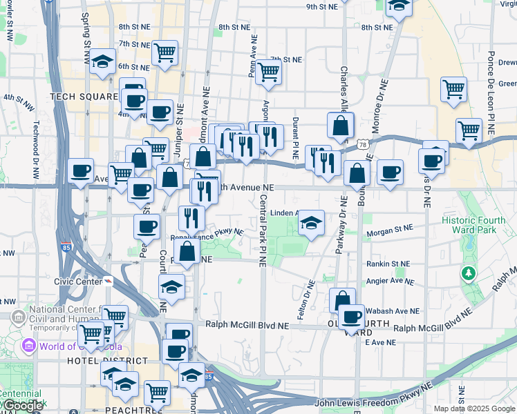 map of restaurants, bars, coffee shops, grocery stores, and more near 300 Cityline Avenue Northeast in Atlanta