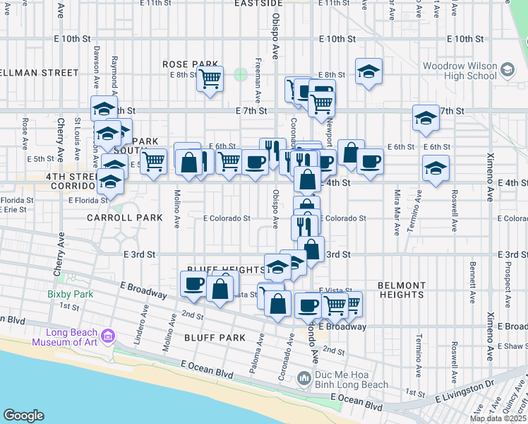 map of restaurants, bars, coffee shops, grocery stores, and more near 360 Freeman Avenue in Long Beach