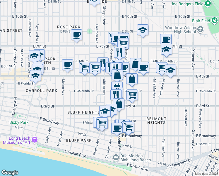 map of restaurants, bars, coffee shops, grocery stores, and more near 355 Coronado Avenue in Long Beach