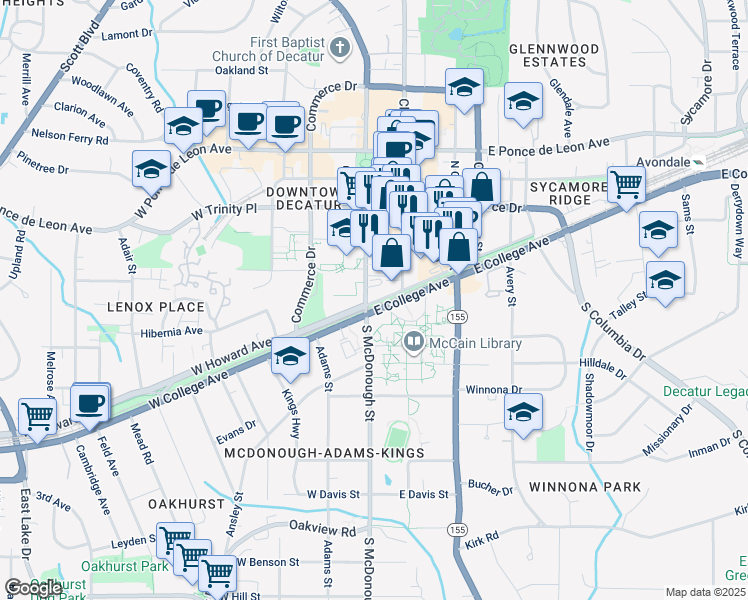 map of restaurants, bars, coffee shops, grocery stores, and more near 112 Church Street in Decatur