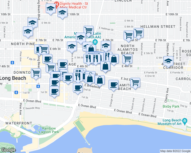 map of restaurants, bars, coffee shops, grocery stores, and more near 1008 East 3rd Street in Long Beach