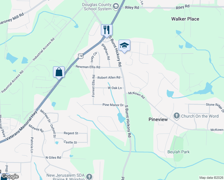 map of restaurants, bars, coffee shops, grocery stores, and more near 4073 West Oak Lane in Douglasville
