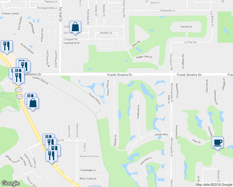map of restaurants, bars, coffee shops, grocery stores, and more near 41 Mayfair Drive in Rancho Mirage