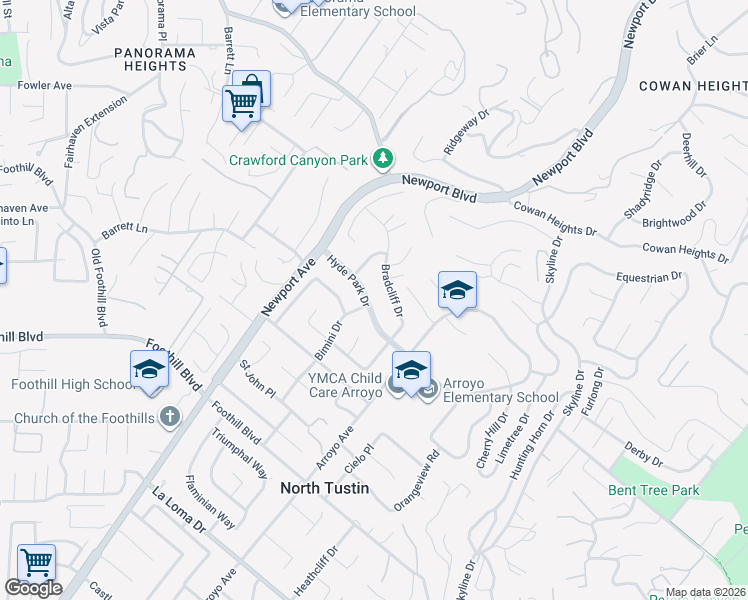 map of restaurants, bars, coffee shops, grocery stores, and more near 1161 Hyde Park Drive in Santa Ana