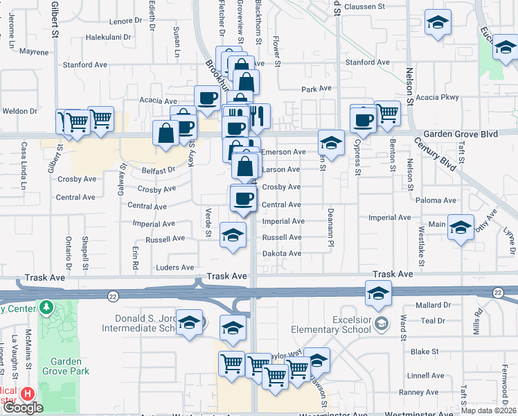 map of restaurants, bars, coffee shops, grocery stores, and more near 10002 Central Avenue in Garden Grove
