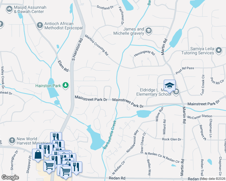 map of restaurants, bars, coffee shops, grocery stores, and more near 4840 Mainstreet Park Drive in Stone Mountain