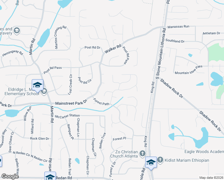 map of restaurants, bars, coffee shops, grocery stores, and more near 5374 Greenhedge Trail in Stone Mountain