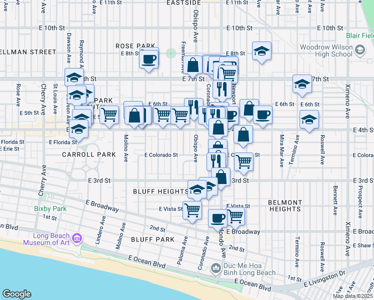 map of restaurants, bars, coffee shops, grocery stores, and more near 360 Freeman Avenue in Long Beach