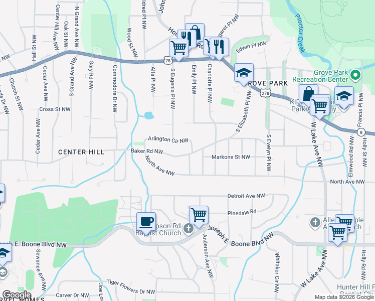 map of restaurants, bars, coffee shops, grocery stores, and more near 2025 Arlington Circle Northwest in Atlanta