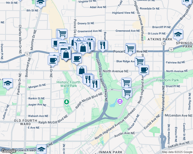 map of restaurants, bars, coffee shops, grocery stores, and more near 644 Angier Springs Court Northeast in Atlanta