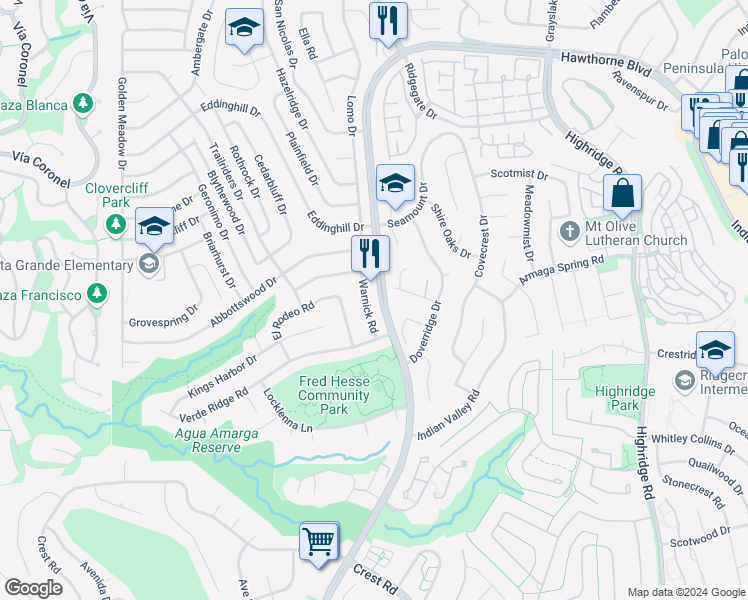 map of restaurants, bars, coffee shops, grocery stores, and more near 29040 Warnick Road in Rancho Palos Verdes