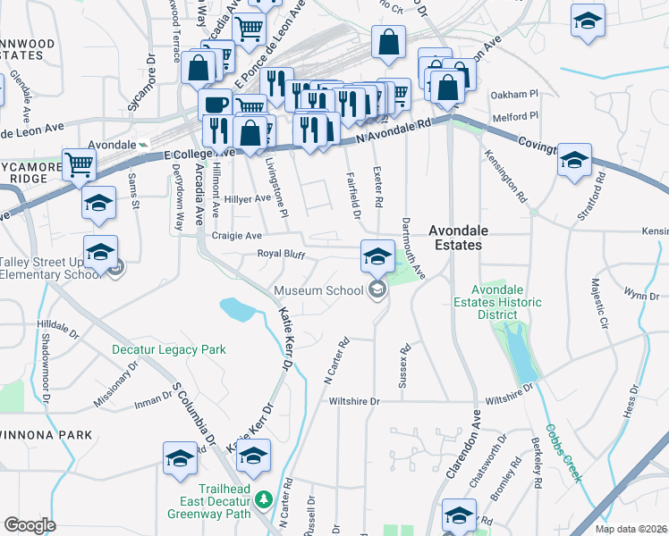 map of restaurants, bars, coffee shops, grocery stores, and more near 847 Regal Path Lane in Decatur