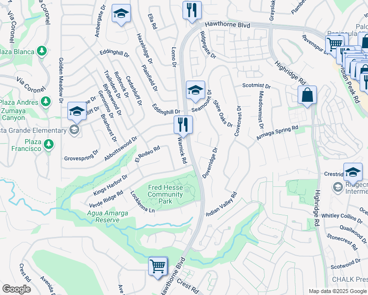 map of restaurants, bars, coffee shops, grocery stores, and more near 29040 Warnick Road in Rancho Palos Verdes