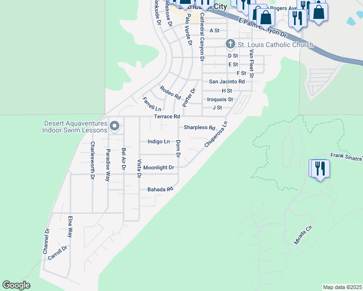 map of restaurants, bars, coffee shops, grocery stores, and more near 38220 Dorn Drive in Cathedral City