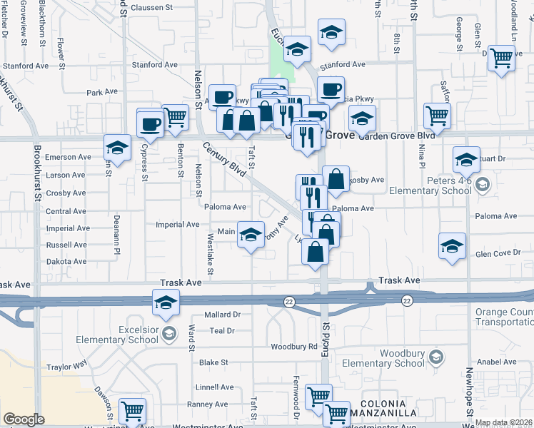 map of restaurants, bars, coffee shops, grocery stores, and more near 13283 Michael Rainford Circle in Garden Grove