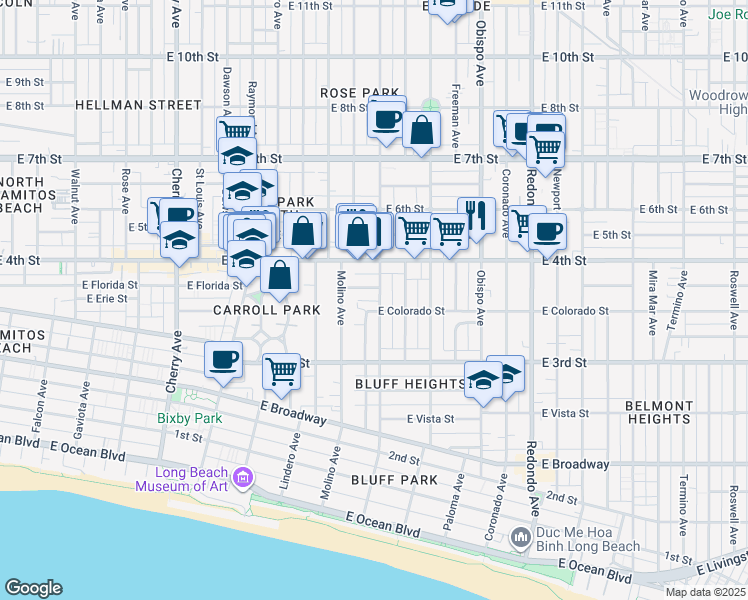map of restaurants, bars, coffee shops, grocery stores, and more near 2749 East De Soto Street in Long Beach