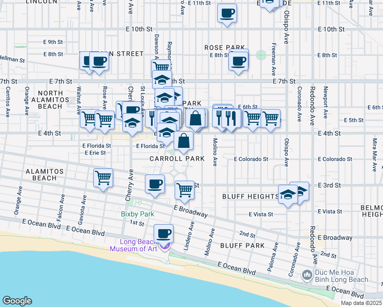 map of restaurants, bars, coffee shops, grocery stores, and more near 2420 East 4th Street in Long Beach