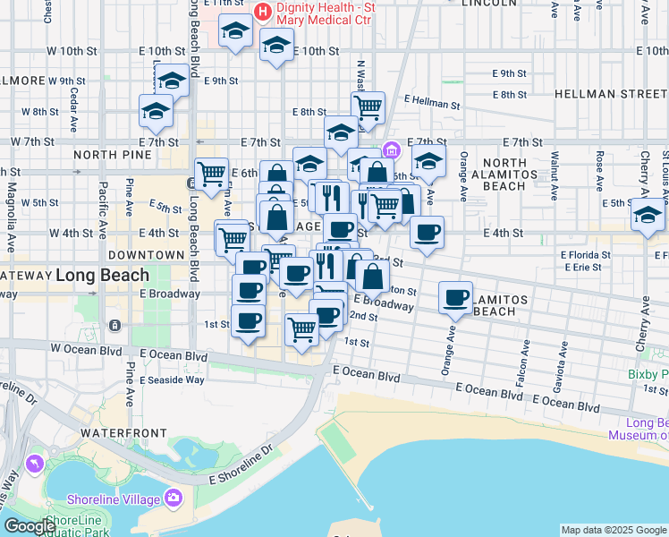 map of restaurants, bars, coffee shops, grocery stores, and more near in Long Beach