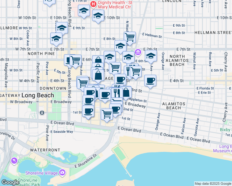 map of restaurants, bars, coffee shops, grocery stores, and more near 320 Lime Avenue in Long Beach