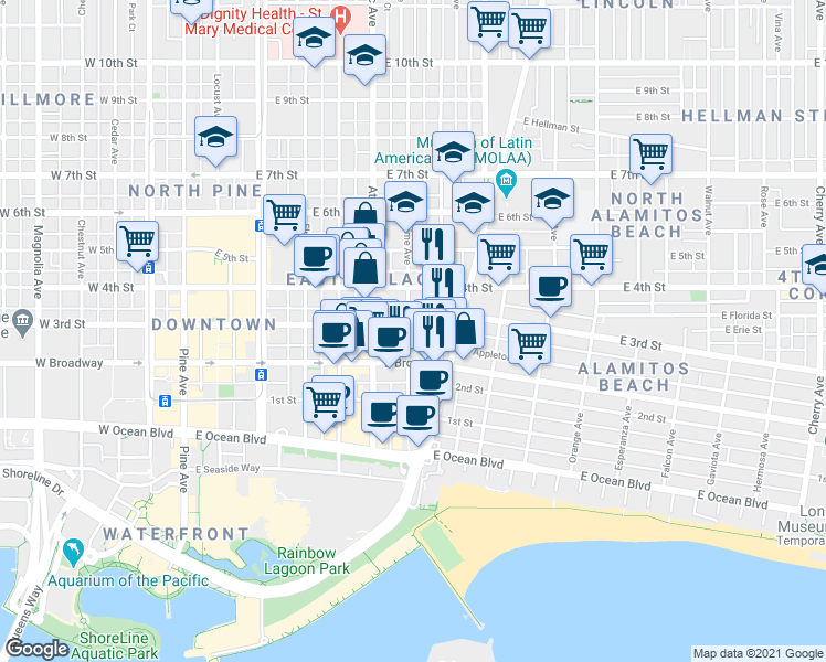 map of restaurants, bars, coffee shops, grocery stores, and more near 320 Lime Avenue in Long Beach