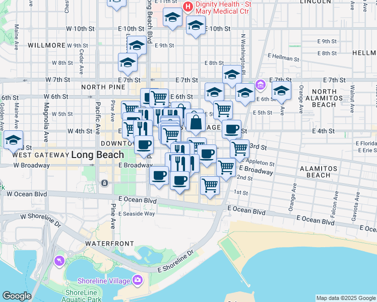 map of restaurants, bars, coffee shops, grocery stores, and more near in Long Beach