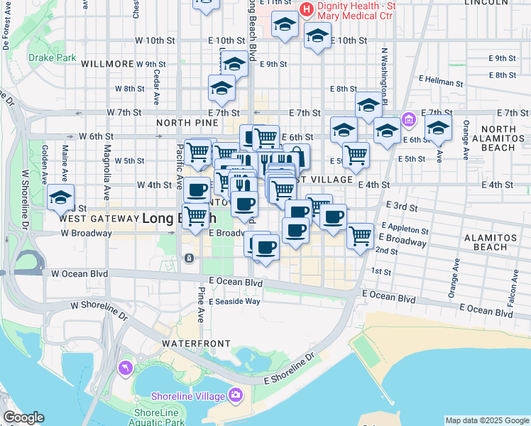 map of restaurants, bars, coffee shops, grocery stores, and more near in Long Beach