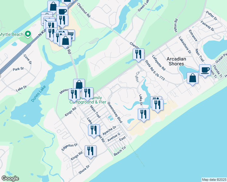map of restaurants, bars, coffee shops, grocery stores, and more near 300 Cumberland Terrace in Myrtle Beach
