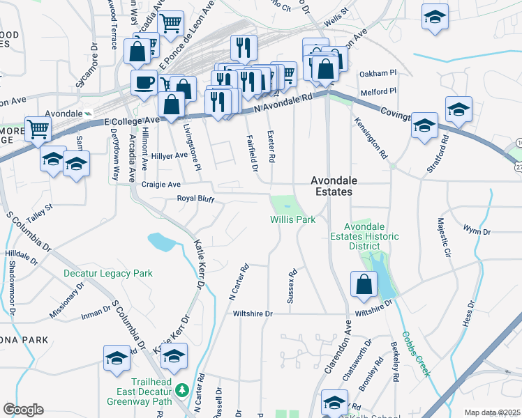 map of restaurants, bars, coffee shops, grocery stores, and more near 2887 Royal Bluff in Decatur