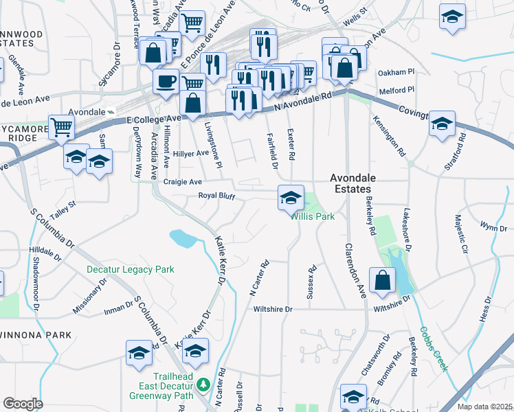 map of restaurants, bars, coffee shops, grocery stores, and more near 2854 Royal Bluff in Decatur