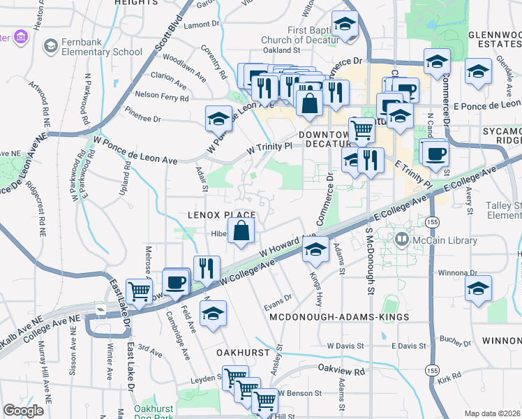 map of restaurants, bars, coffee shops, grocery stores, and more near 105 Mary Gay Court in Decatur