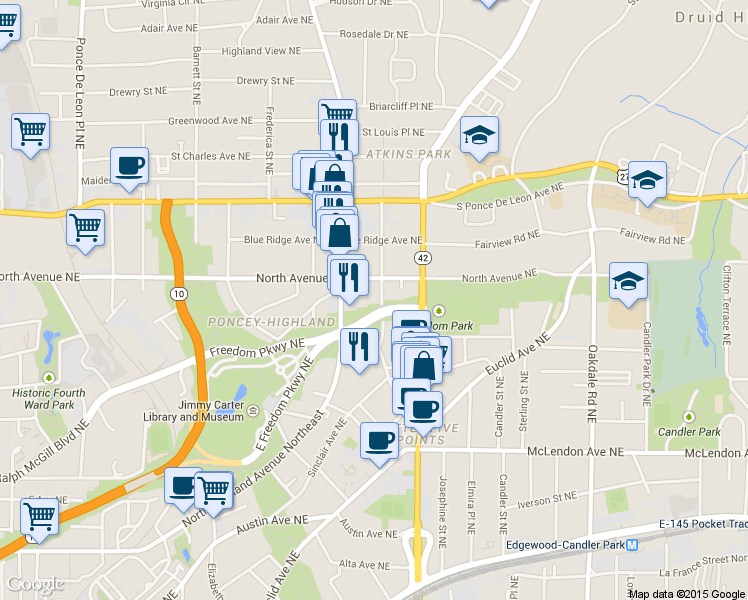 map of restaurants, bars, coffee shops, grocery stores, and more near 608 Seminole Avenue Northeast in Atlanta
