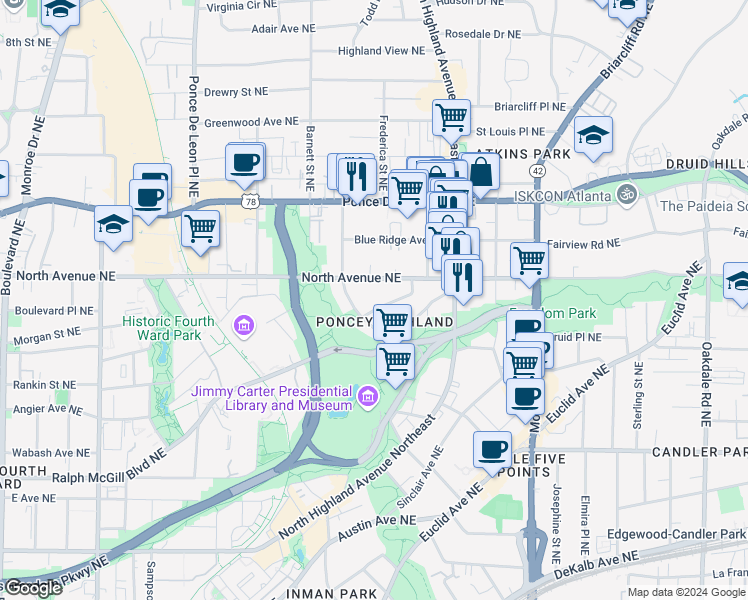 map of restaurants, bars, coffee shops, grocery stores, and more near 977 North Avenue Northeast in Atlanta