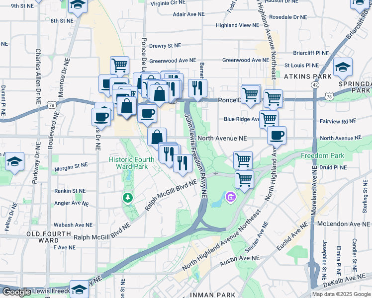 map of restaurants, bars, coffee shops, grocery stores, and more near 644 Angier Springs Court Northeast in Atlanta