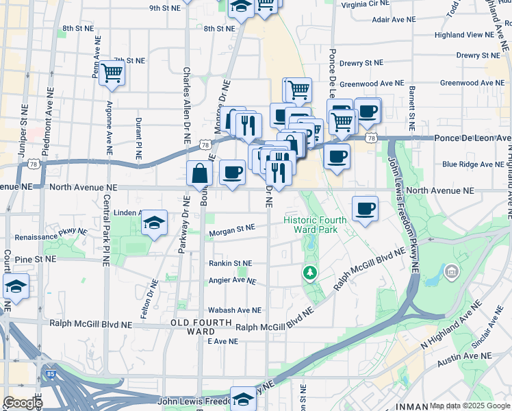 map of restaurants, bars, coffee shops, grocery stores, and more near 525 North Avenue Northeast in Atlanta