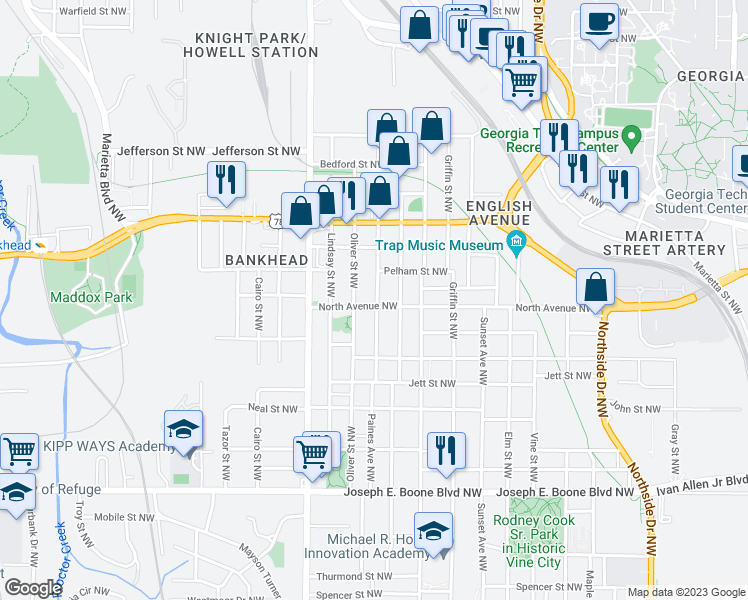 map of restaurants, bars, coffee shops, grocery stores, and more near 598 English Avenue Northwest in Atlanta