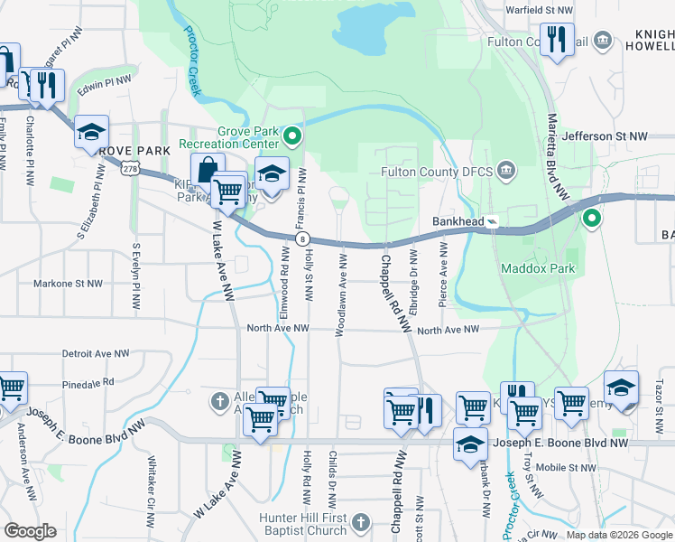 map of restaurants, bars, coffee shops, grocery stores, and more near 1460 Donald Lee Hollowell Parkway Northwest in Atlanta