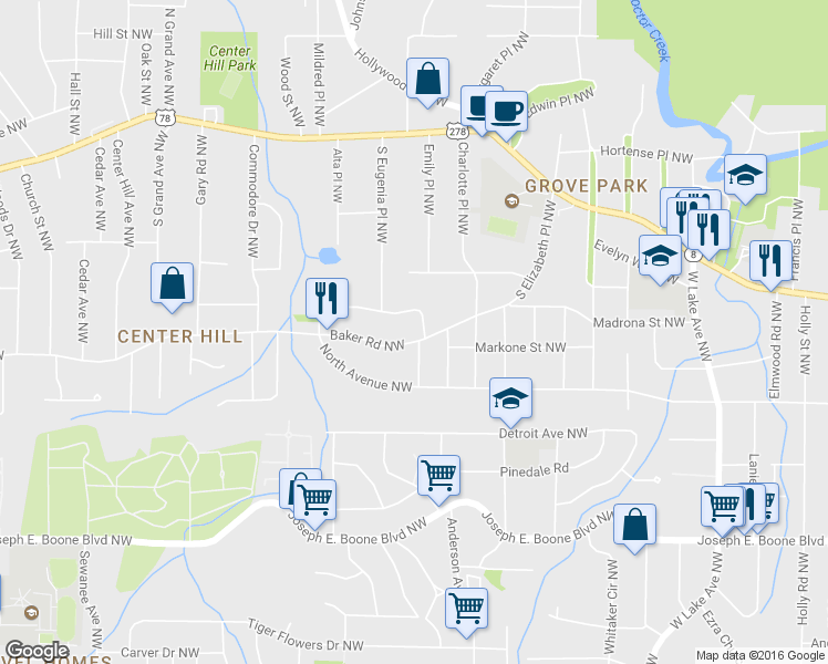 map of restaurants, bars, coffee shops, grocery stores, and more near 2025 Arlington Circle Northwest in Atlanta